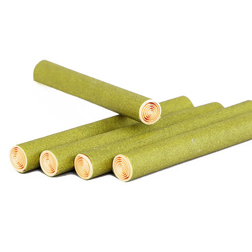 Arrangement of 84 mm 8 mm diameter green hemp wrap blunt tubes with spiral paper tip