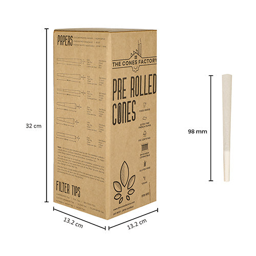 Measurements of box and 98 mm organic hemp cone